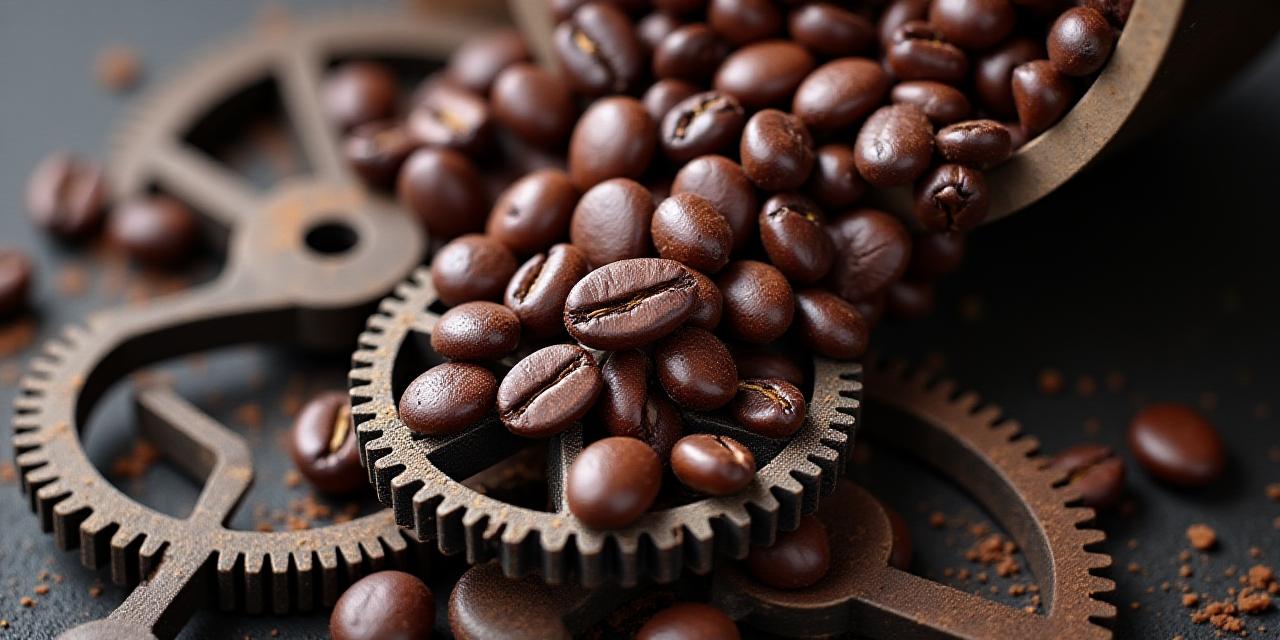 Chicchi di caffè tostati e ingranaggi vintage